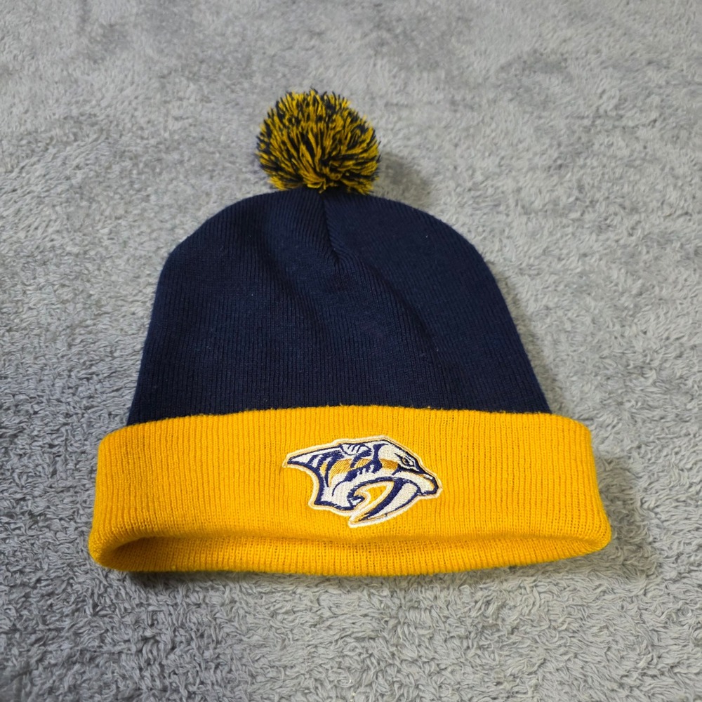 NHL Mens OSFM Nashville Predators Beanie Navy Gold Pom Cuffed Knit Hat